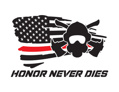 Firefighter Decal Honor Never Dies Thin Red Line with air mask and axe - cartattz1.myshopify.com